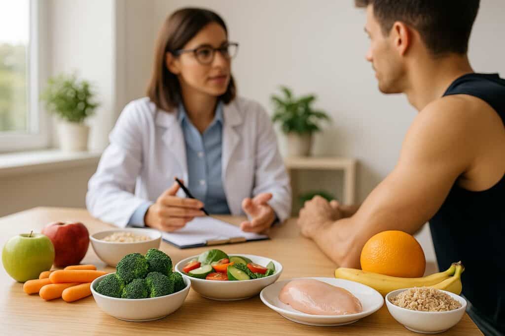 Una nutricionista en consulta con un hombre en un ambiente moderno, discutiendo alimentación saludable. En la mesa, verduras, frutas y proteínas, promoviendo una dieta equilibrada y prevención de lesiones.