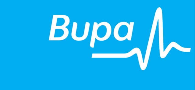 Logotipo de Bupa con línea de ritmo cardíaco en fondo azul brillante.