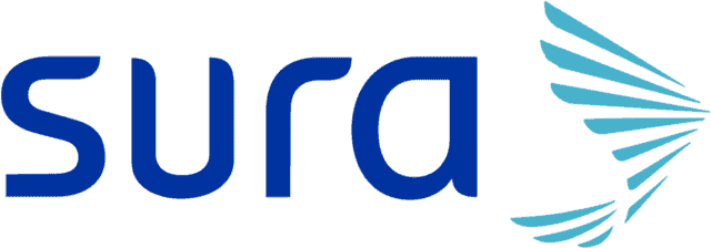 Logo moderno de sura con tipografía azul y símbolo de ala estilizada, confianza y crecimiento.