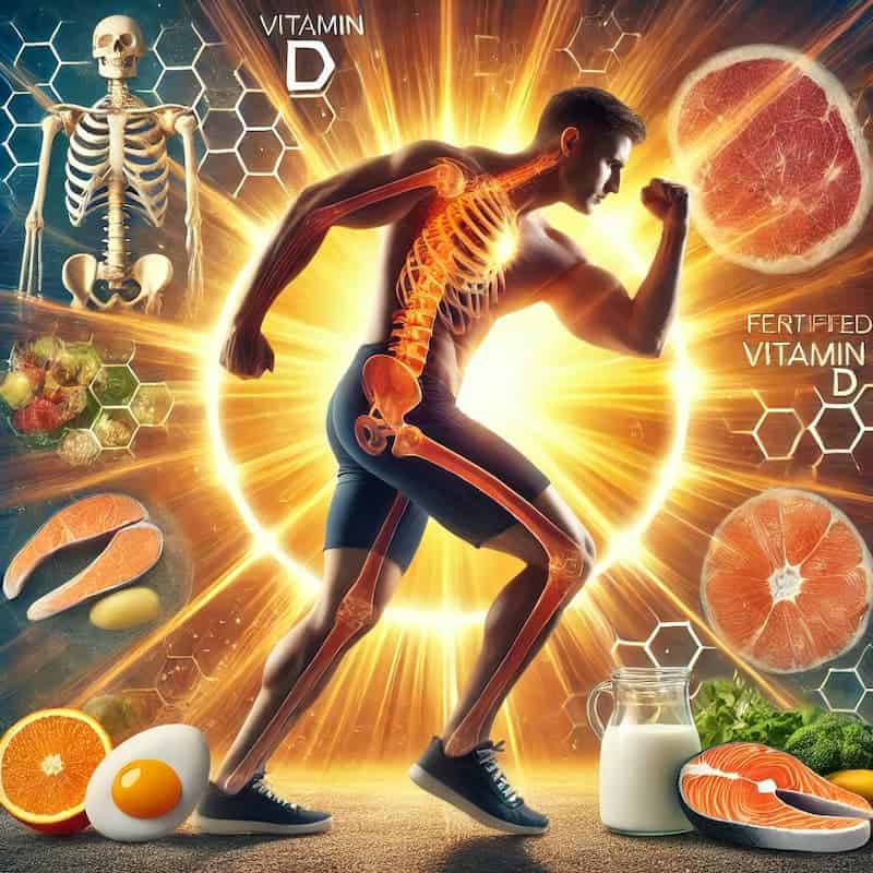 Un hombre atlético corre bajo la luz del sol, con huesos resaltados y energía vibrante, rodeado de alimentos ricos en vitamina D como salmón, huevos, naranja, leche y verduras verdes, destacando la importancia de la nutrición y el ejercicio para la salud ósea y la recuperación.